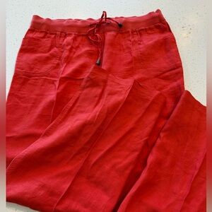 Style & Co 100% Linen Pants 12 Large Red Bright Elastic Waist Pockets Wide Leg R